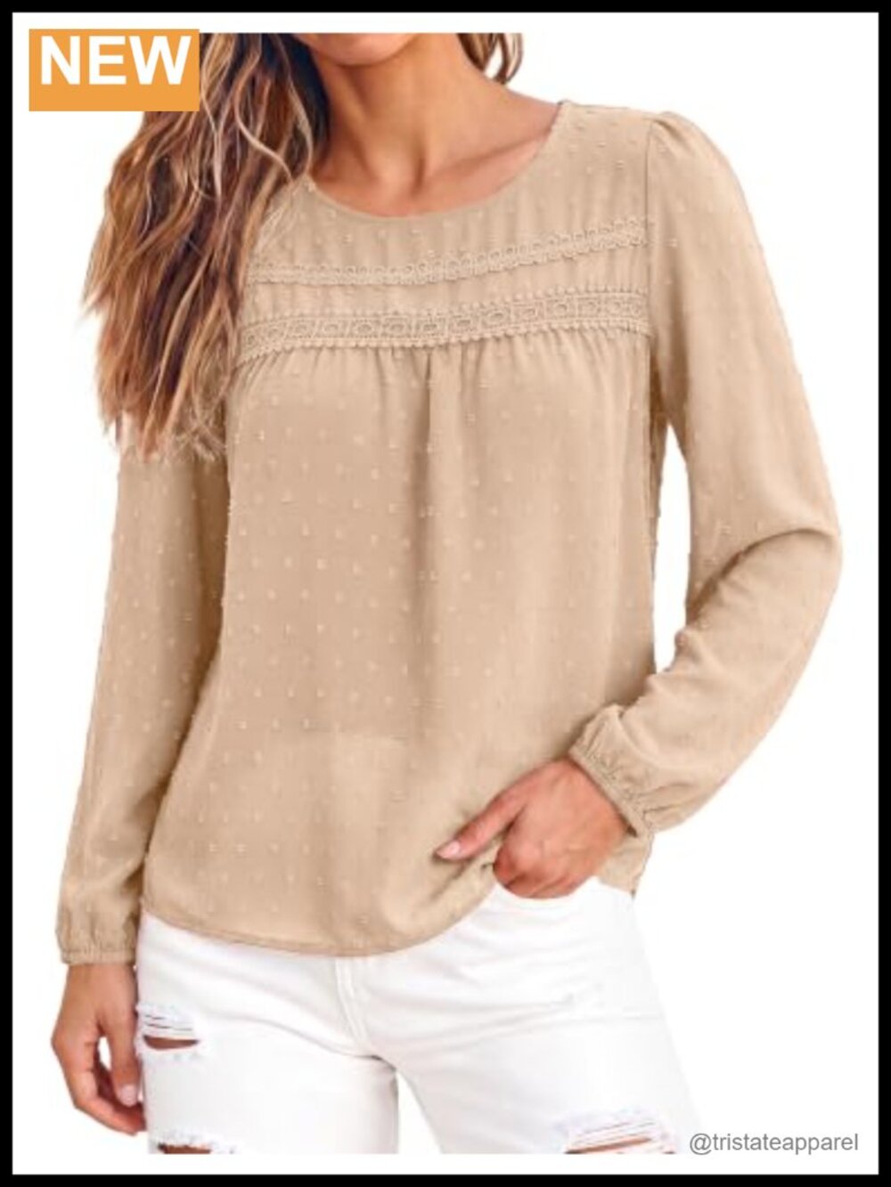 Women's Boho Lace Top Swiss Dot Long Sleeve Flowy Blouse